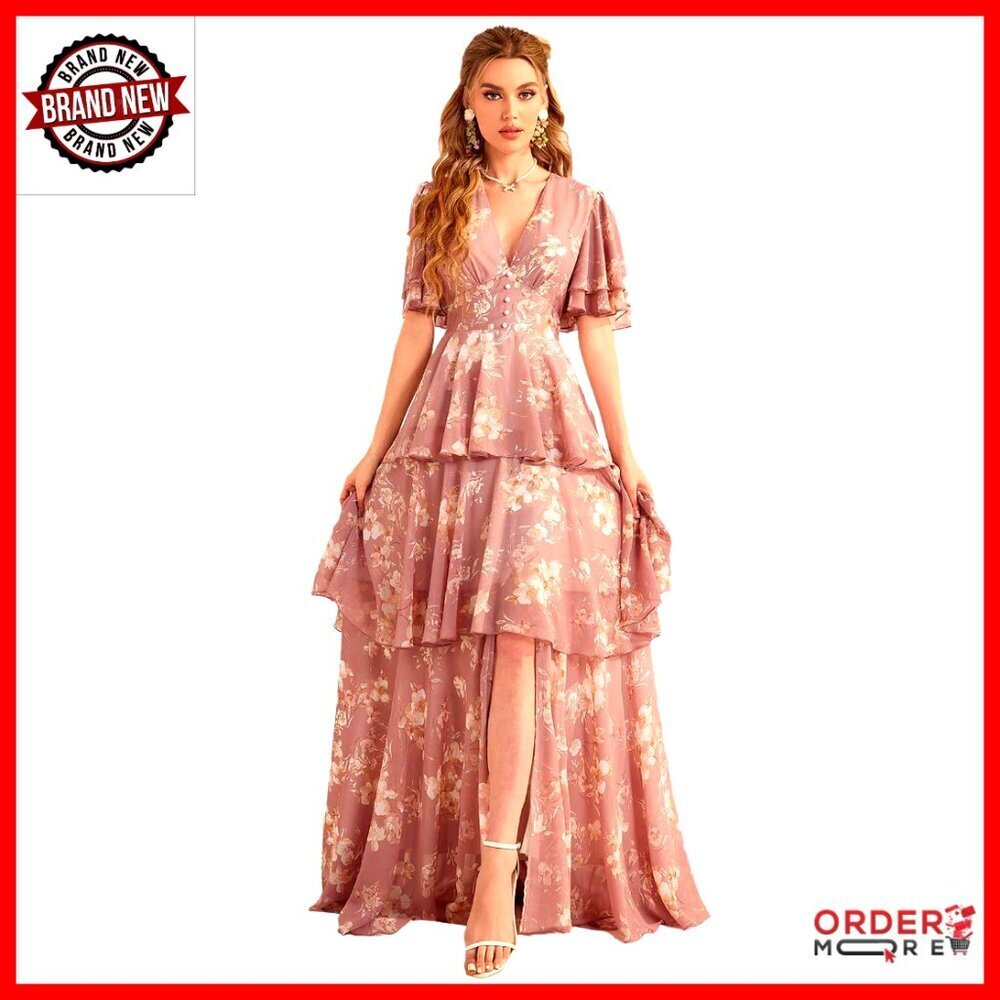 Boho Floral Maxi Dress V Neck Long Sleeve Ruffle Elegant Summer Casual